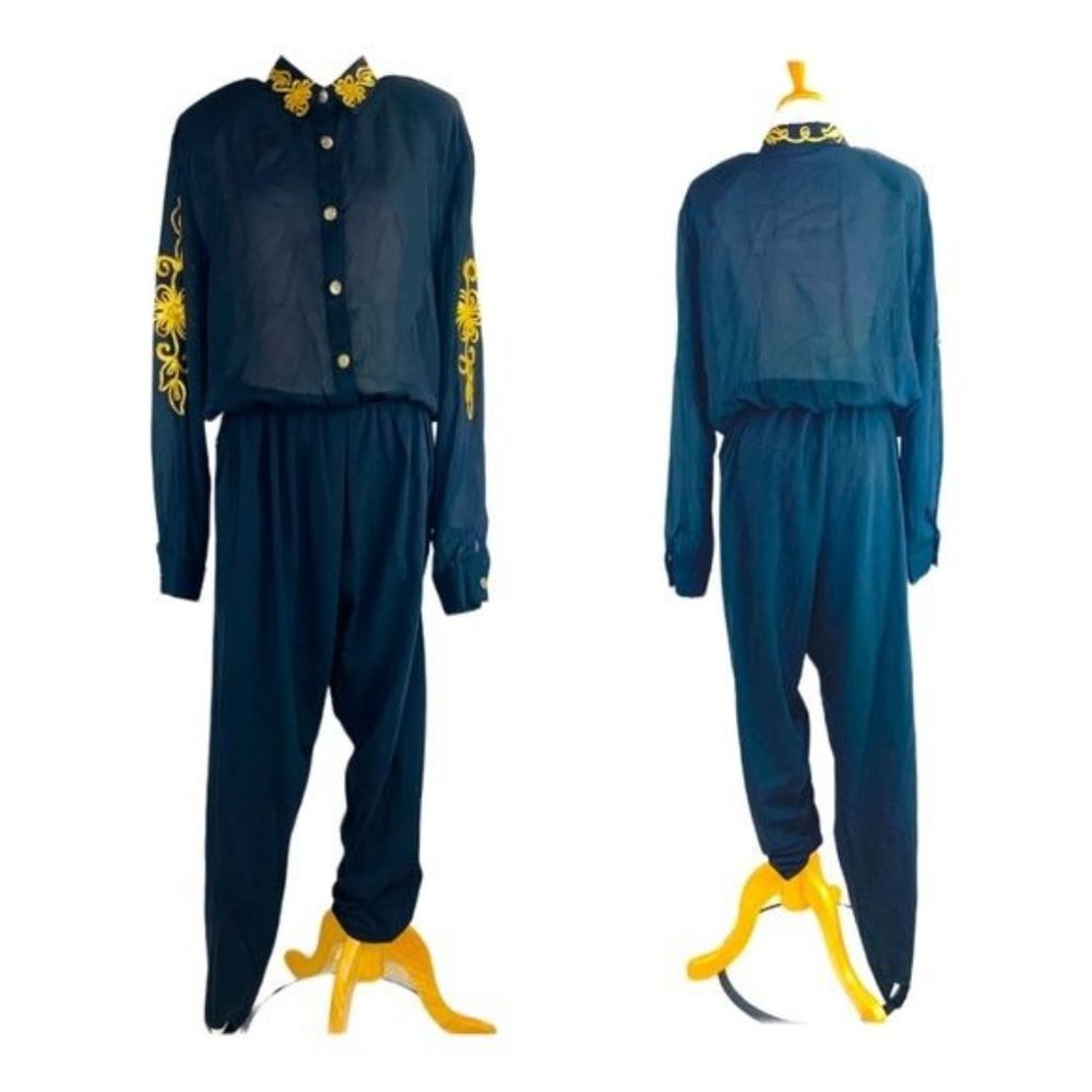 80s Jumpsuit Stirrups PG Collection by Ginger Bort Romper Gold Embroidery XL - Picture 3 of 14